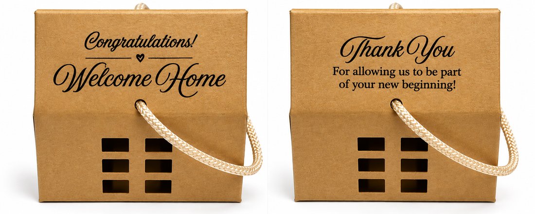 Welcome Home Gift Stamp house-shaped gift boxes, front and back