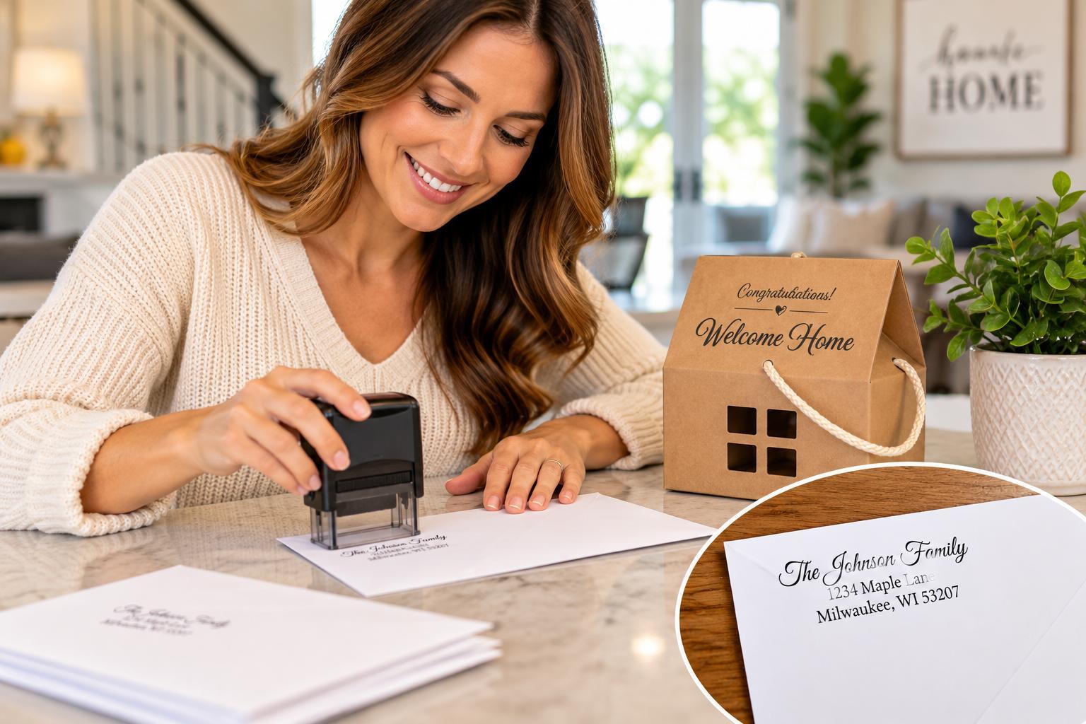Woman using a personalized Welcome Home address stamp on an envelope